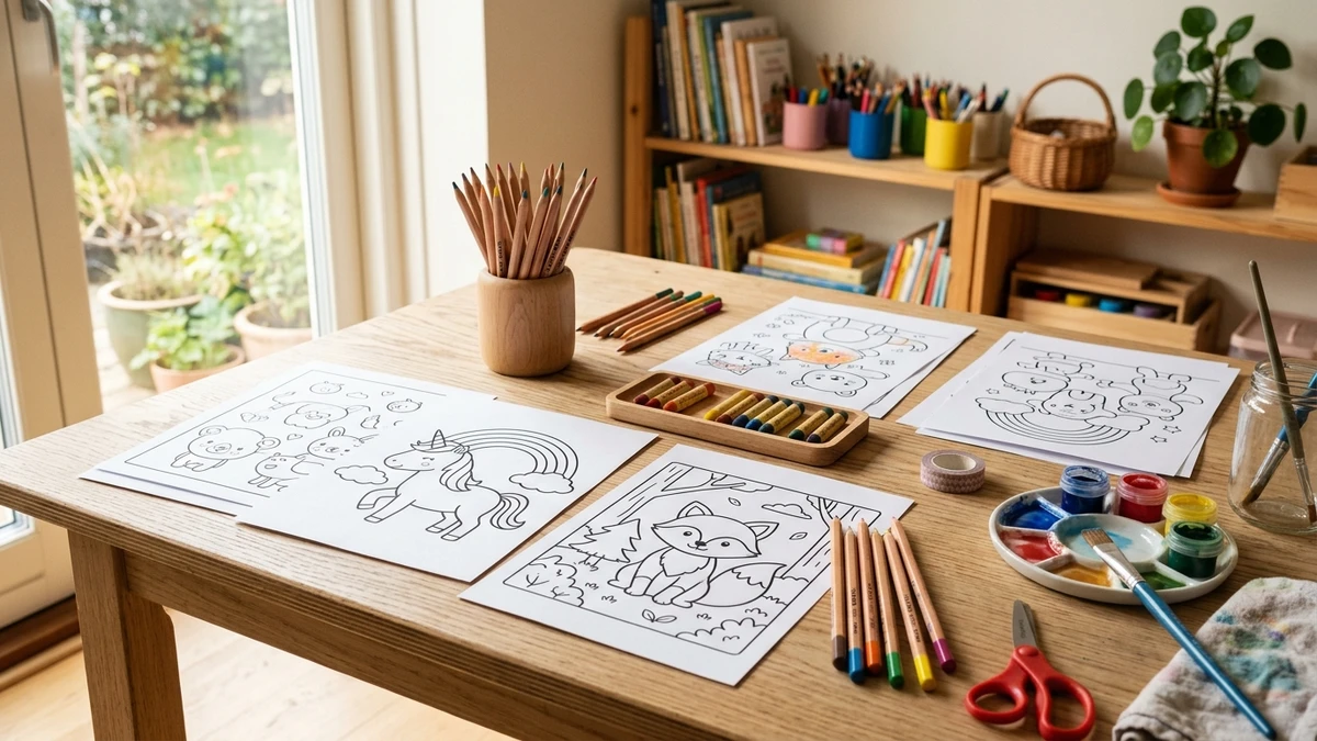 Danske børn i hyggelig kreativ tegnestue der farvelægger printede A4 tegninger ved et lyst birketræsbord